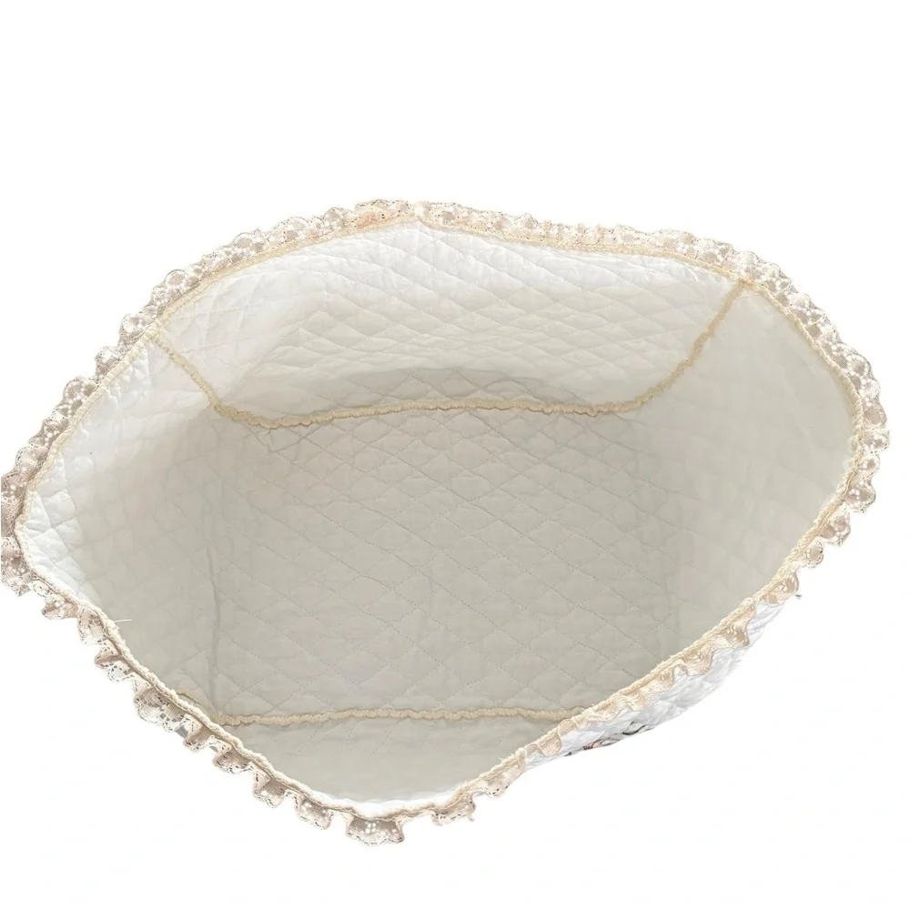 VTG Ivory White Quilted Toaster Cover Appliquéd Birds Lace Trim 12” Farmhouse